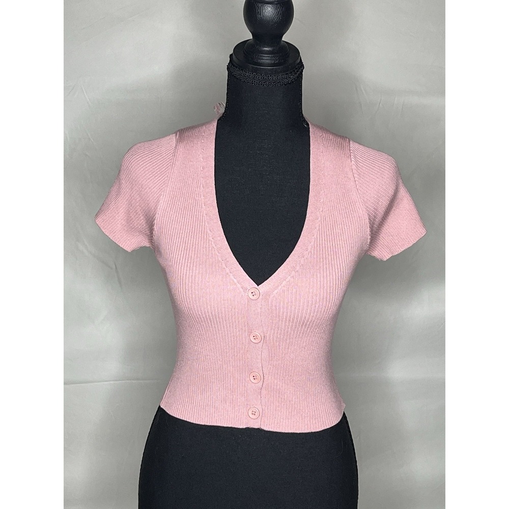 Better Be Women's Cropped Short Sleeve Button-Down Pink Cardigan Sweater Size M